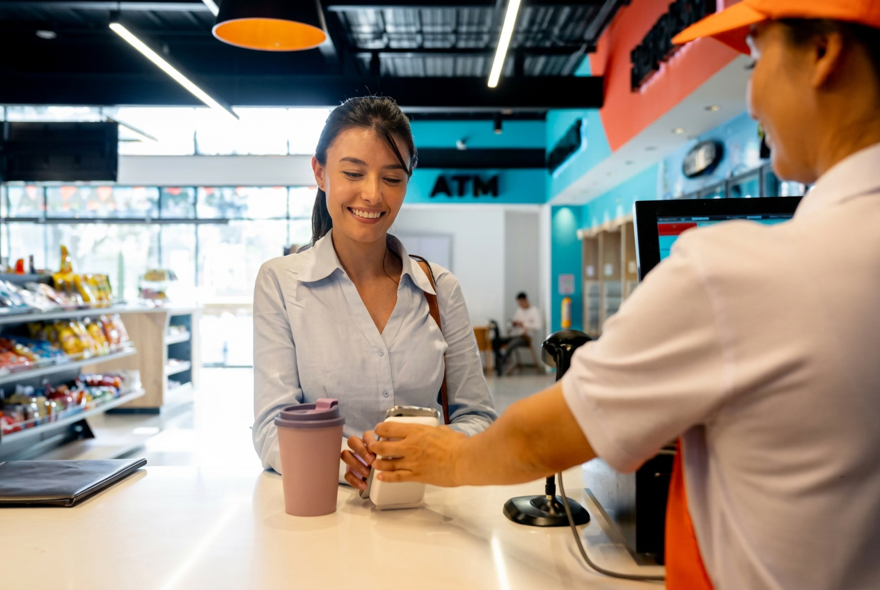 Cliente pagando en tienda de conveniencia con el mismo medio de pago