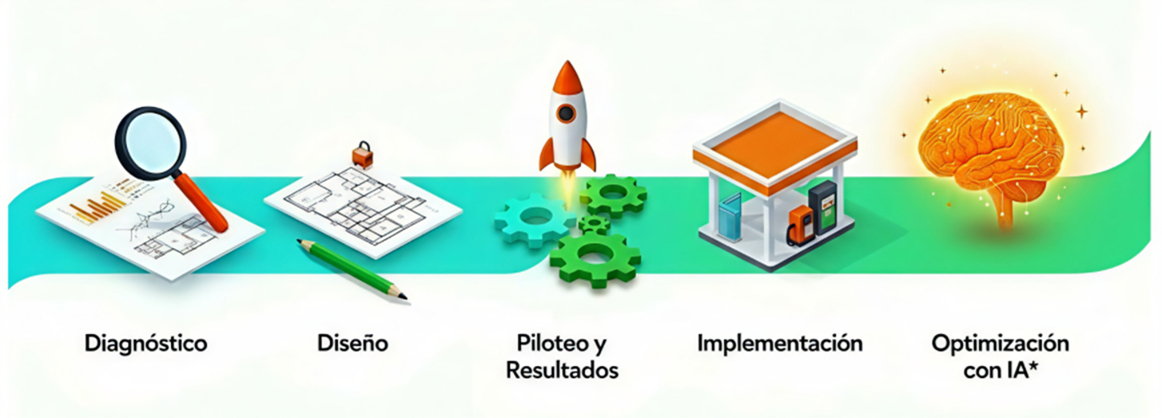 Proceso de 5 pasos: Diagnóstico, Diseño, Piloteo y Resultados, Implementación y Optimización con IA